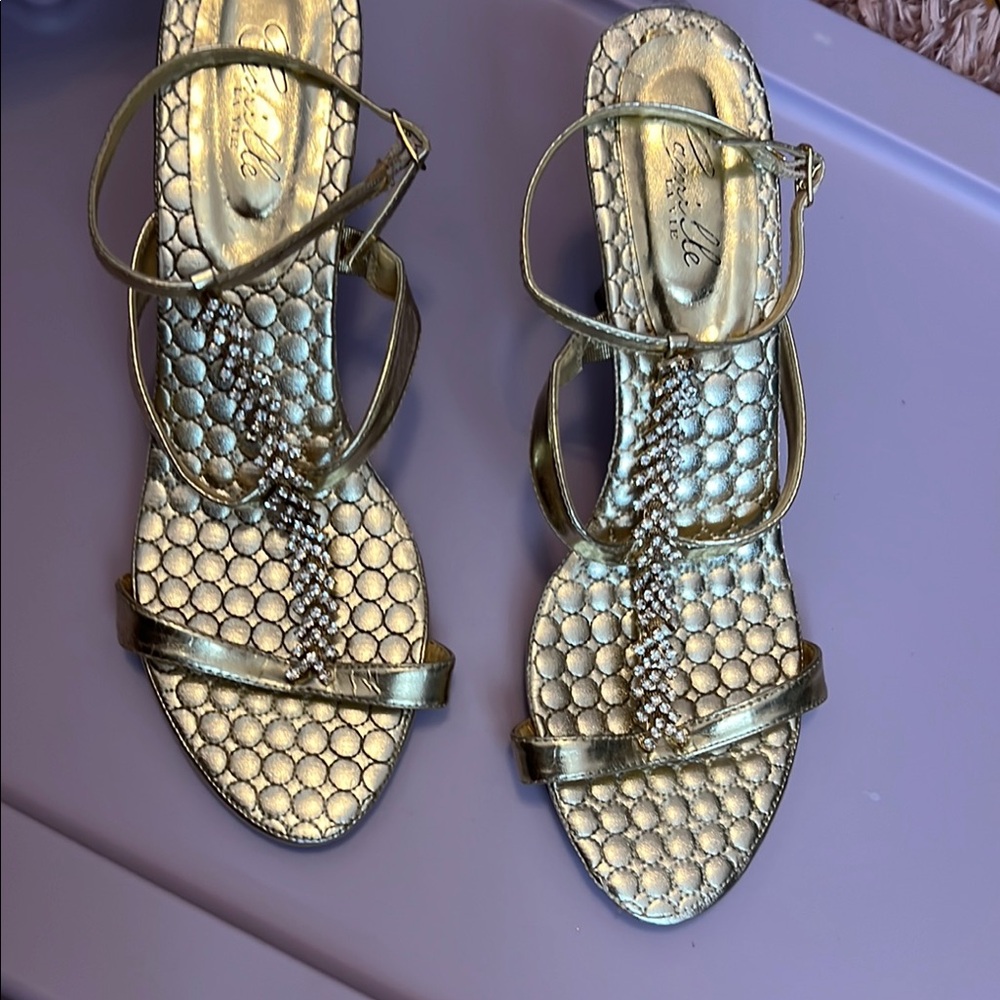 Capelli of New York Gold Strappy Heels with Rhinestones